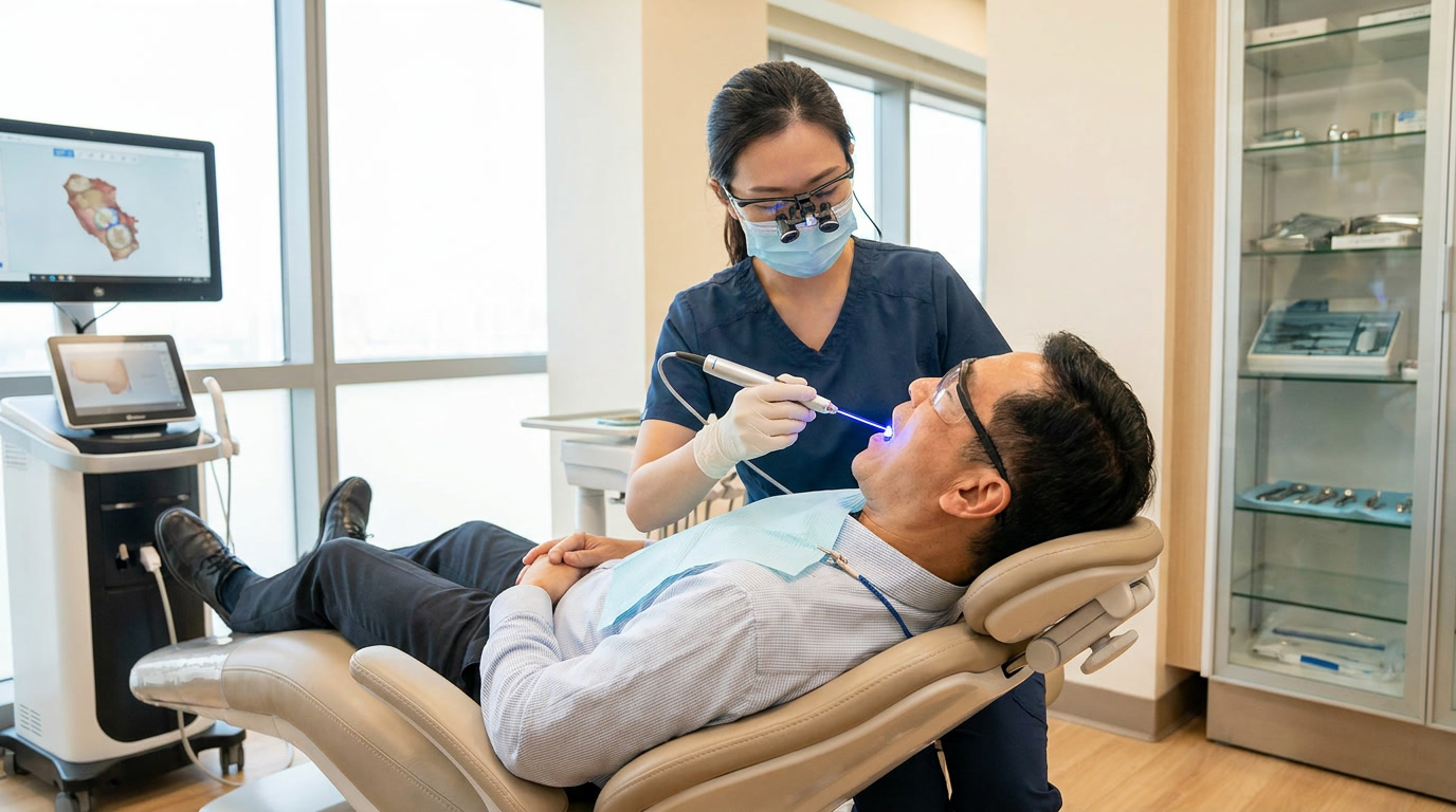 gemini image 2 A professional chinese dentist performing laser dentistry on an chinese adult pa 1 e0b9e32e dbb6 445d b081 340273563a51