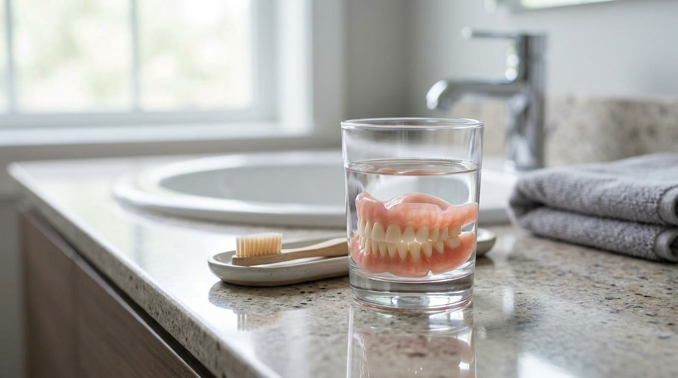 gemini image 2 Realistic dental image of complete dentures placed in a glass of clean water bes 0